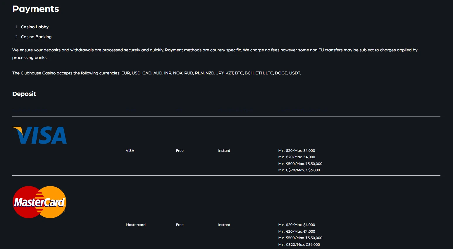 The Clubhouse Casino Australian payments page showing AUD support and current deposit and withdrawal method tables