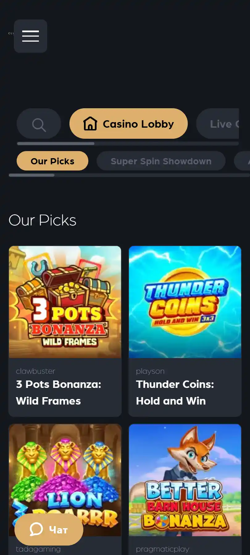 The Clubhouse Casino official Australian homepage shown in a mobile browser viewport with responsive navigation and account entry