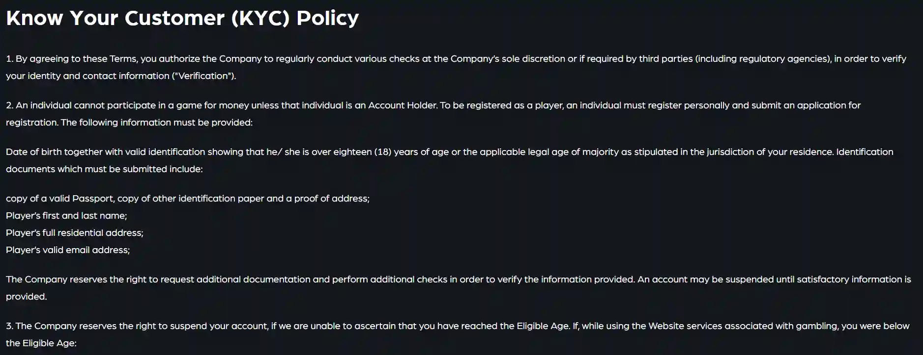 The Clubhouse Casino official Australian terms or KYC section showing current identity document categories and withdrawal verification wording