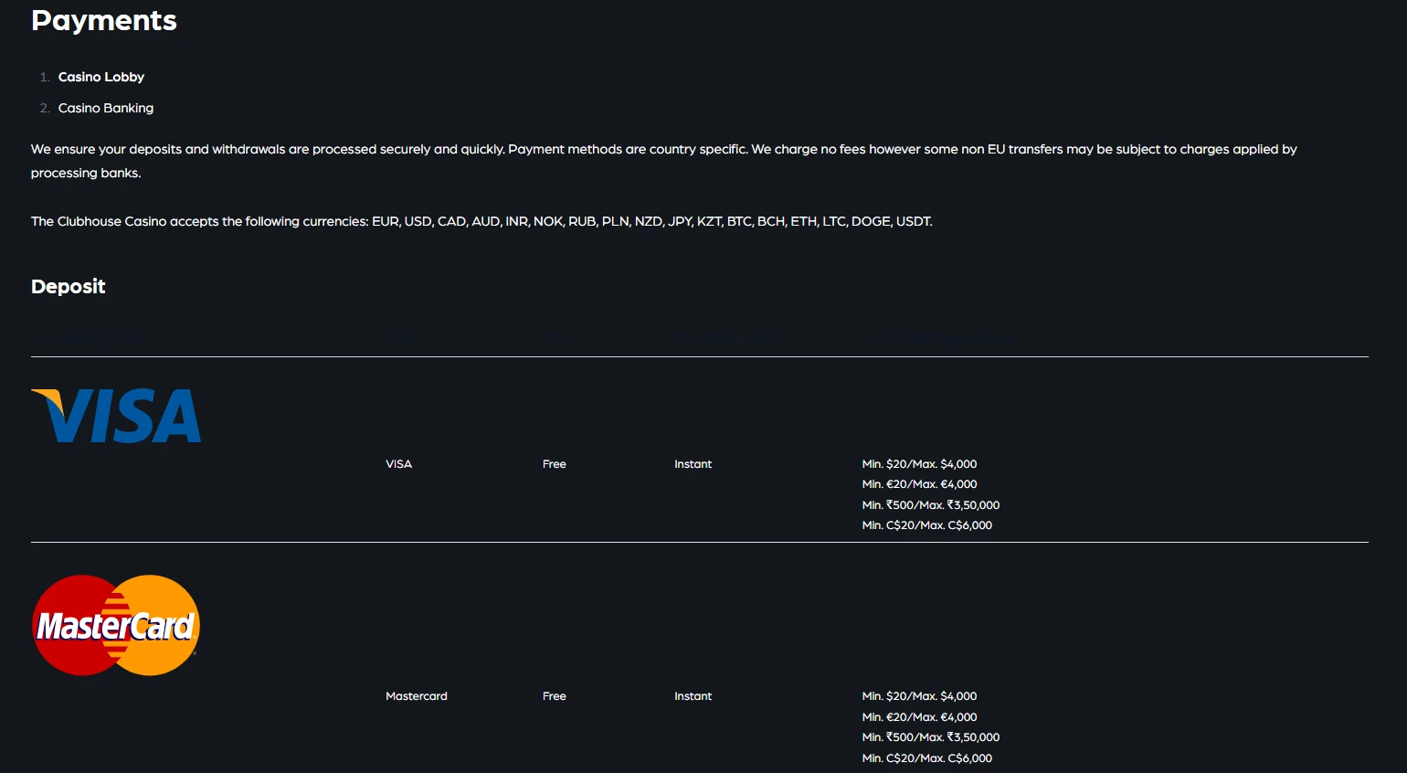 The Clubhouse Casino AU payments page with AUD and payment-method information